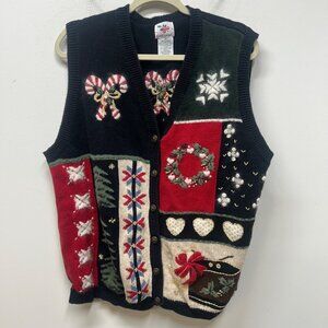 Vintage nutcracker Holiday Sweater Vest With Christmas Patchwork Design Black-Re